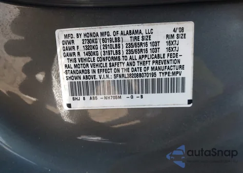 2008 Honda Odyssey Lx z USA, uszkodzony, nr VIN 5FNRL38208B070195